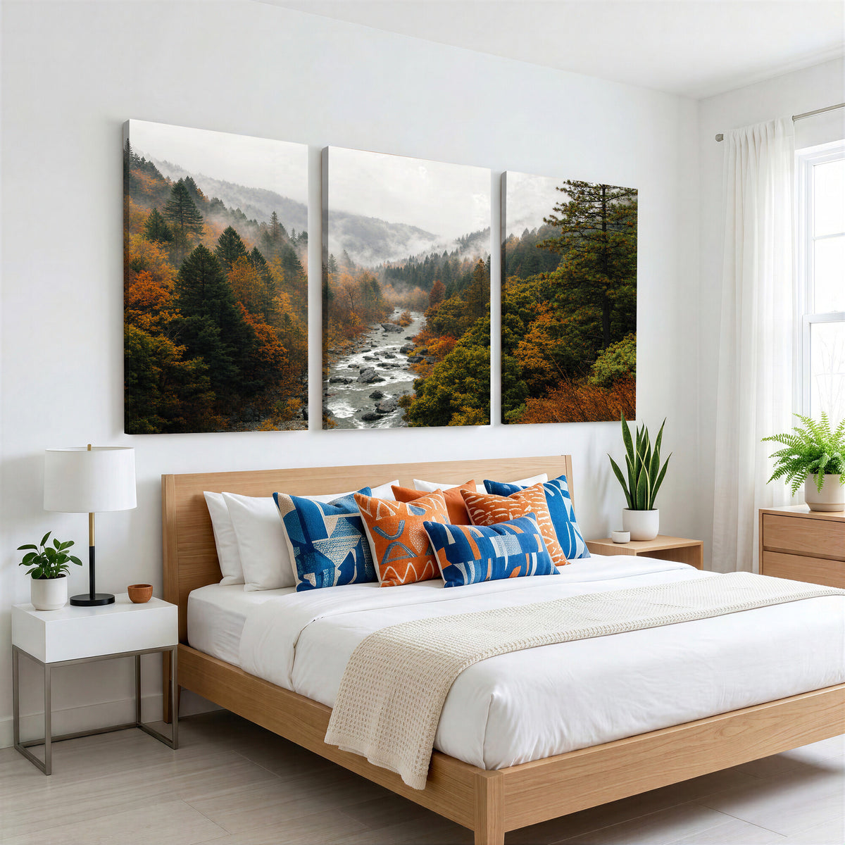 95540697-MGV-TP-30X20 - Misty River Mountain Valley Canvas Wall Art - Autumn Forest Landscape Nature Print