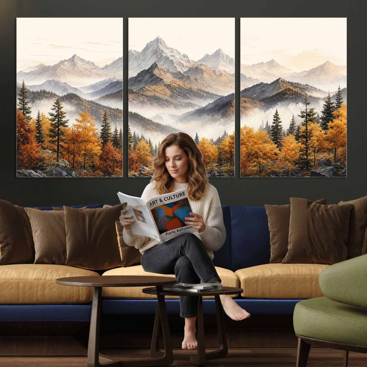 21309099-MGV-TP-30X20 - Extra Large Misty Mountain Autumn Forest Canvas Wall Art - Watercolor Fall Nature Landscape Print