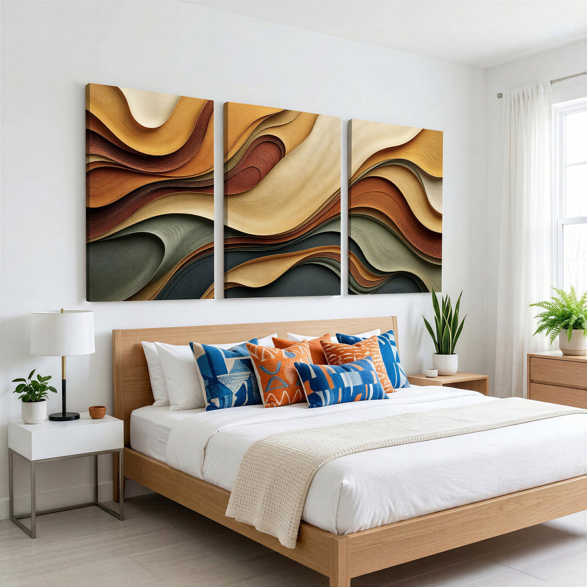 19337902-MGV-CV-36X24 - Modern Abstract Waves Canvas Wall Art - Minimalist Earthy Tone Living Room Decor