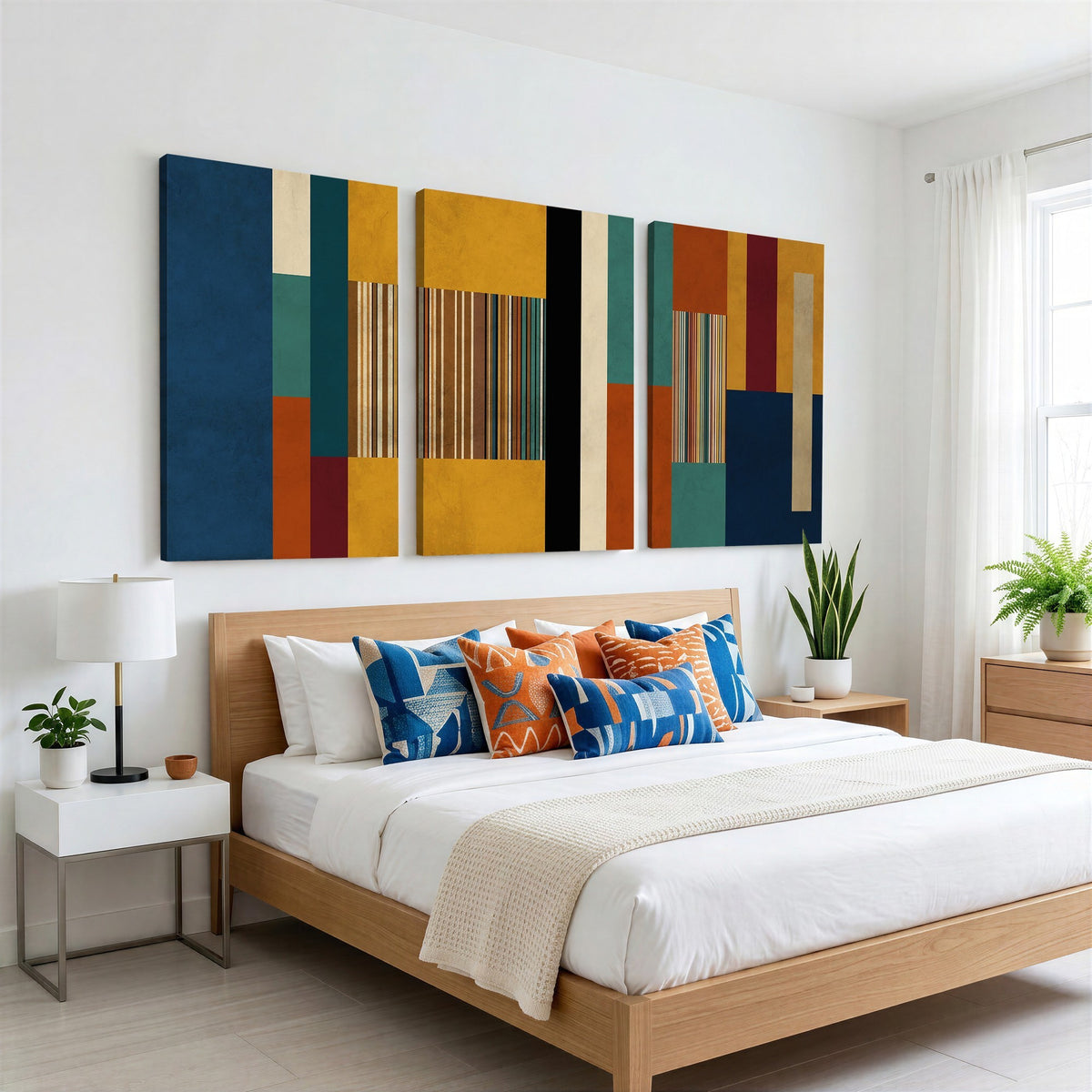 53992657-MGV-CV-48X32-3P - Mid Century Abstract Color Block Canvas Wall Art, Geometric Striped Canvas Print