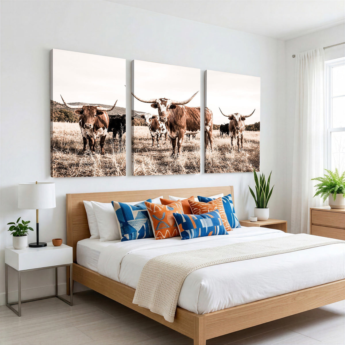 25234808-MGV-CV-48X32-3P - Texas Longhorn Cattle Canvas Wall Art, Western Ranch Home Decor