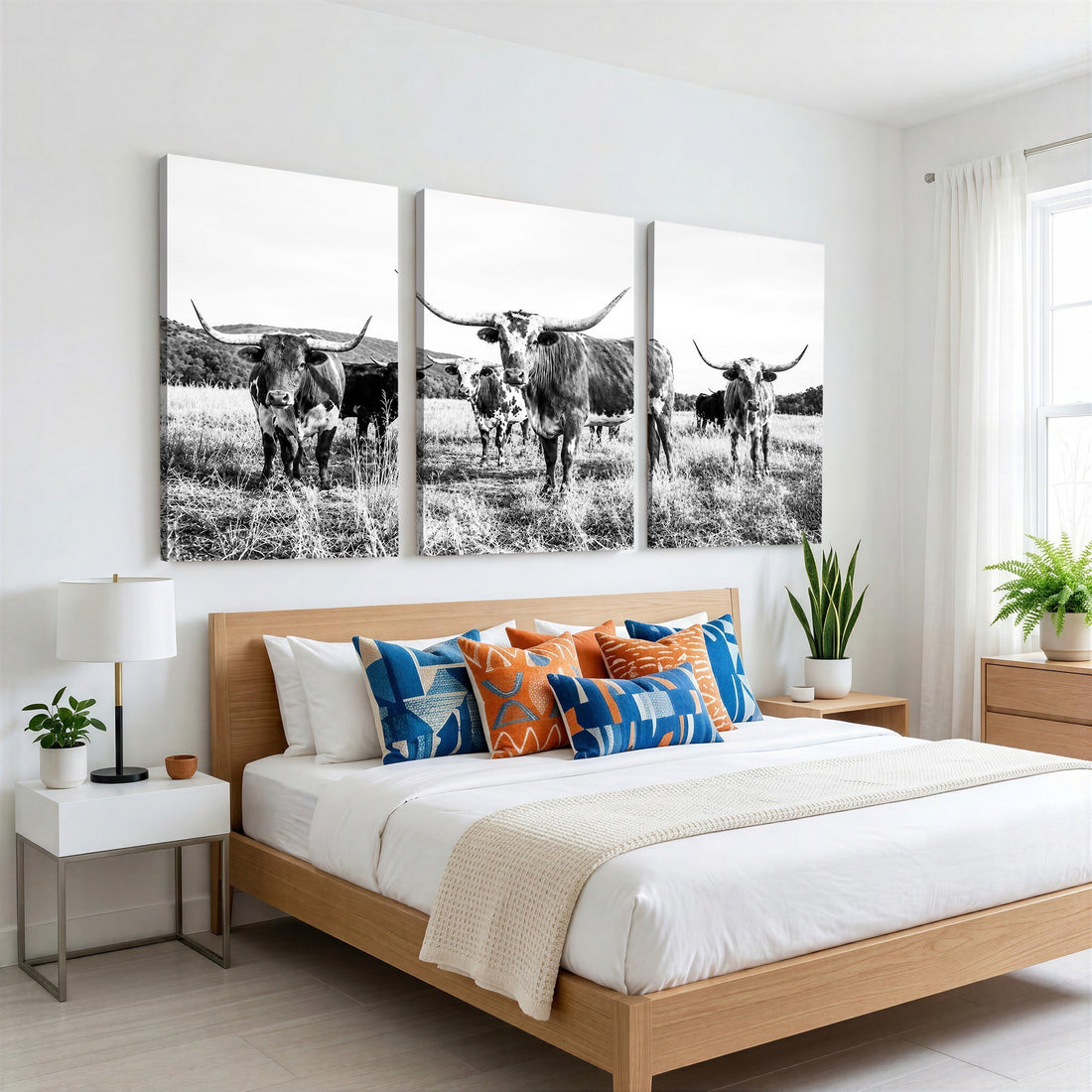 Black and White Longhorn Cattle Canvas Print, Western Ranch Wall Decor