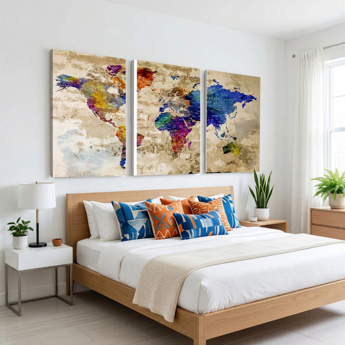 Colorful World Map Canvas Wall Art | Abstract Watercolor Map Print