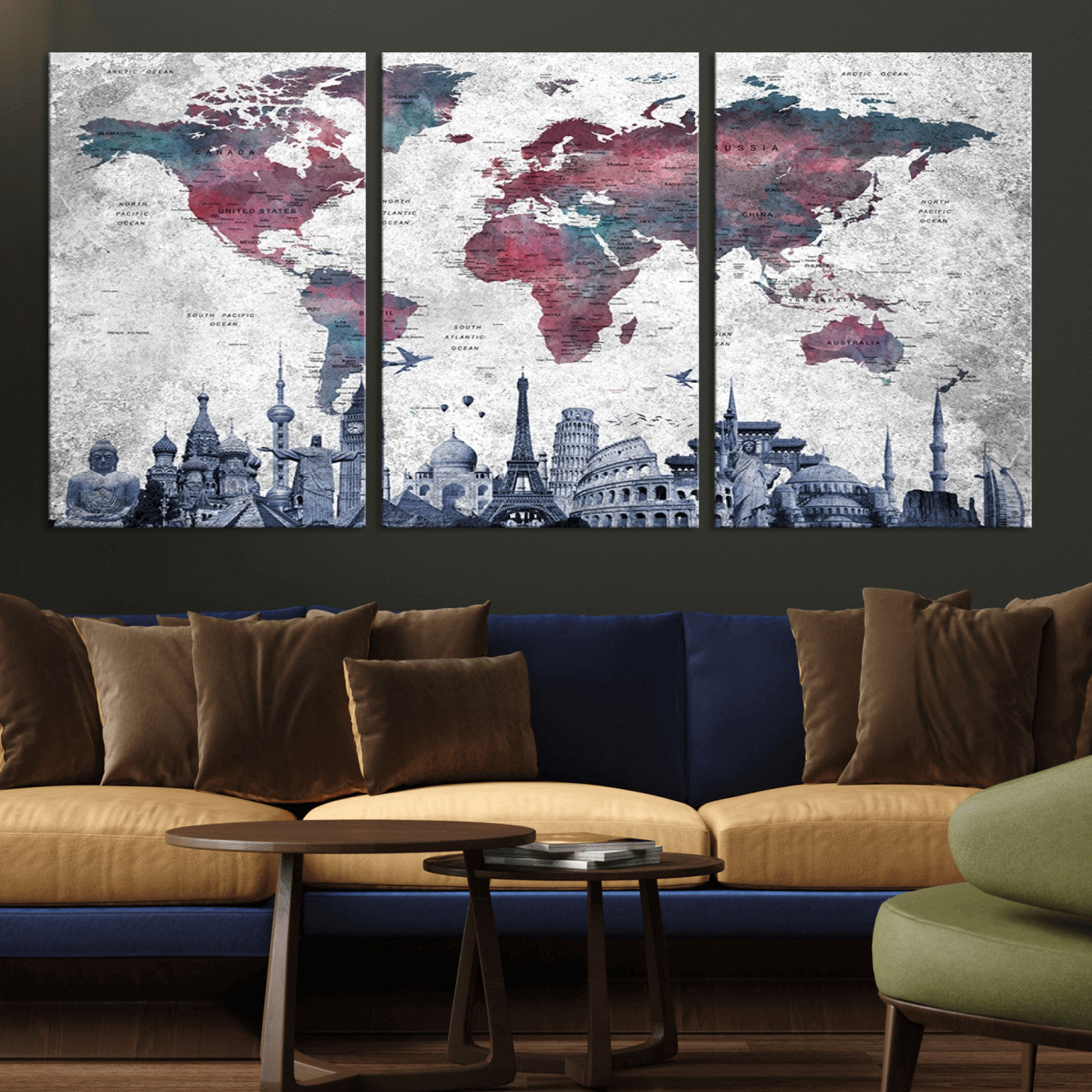 MGV-CV-60X30-3P - Push Pin World Map Canvas Print – Framed Wall Art for Couples to Track Their Travels – Anniversary