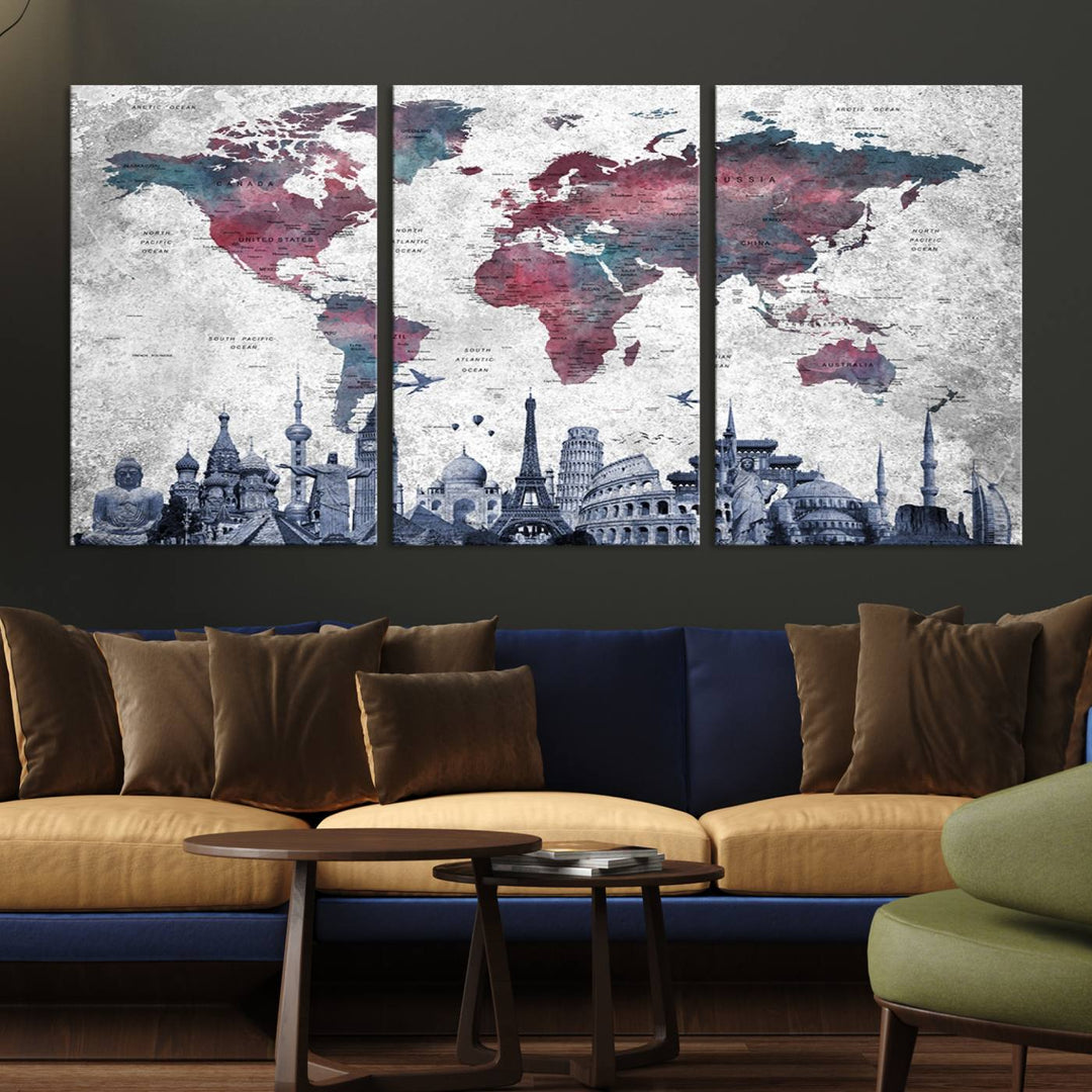 The dining room features a Blue Multipanel World Map Wall Art Canvas Print that adorns the wall, highlighting its neutral decor.