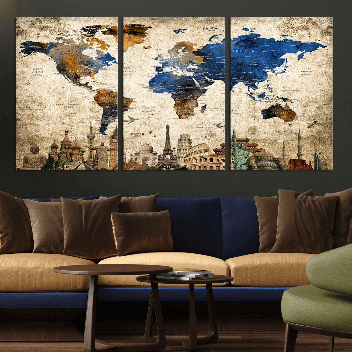 MGV-CV-60X30-3P - Push Pin World Map Canvas Print – Framed Wall Art for Couples to Track Their Travels – Anniversary