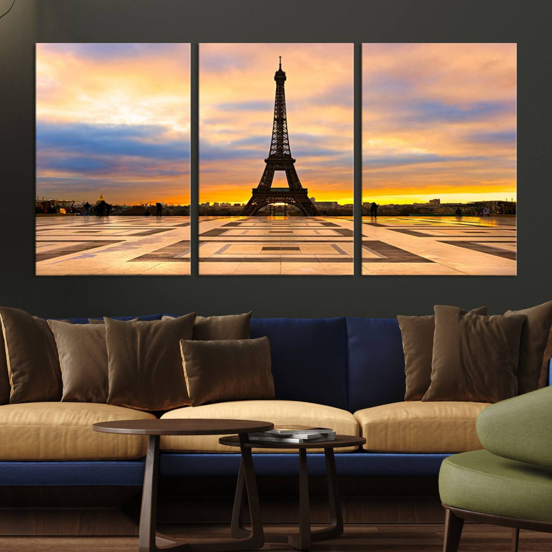 The "Paris Eiffel Tower Wall Art Canvas Prints" graces a wooden wall reminiscent of abstract expressionism.