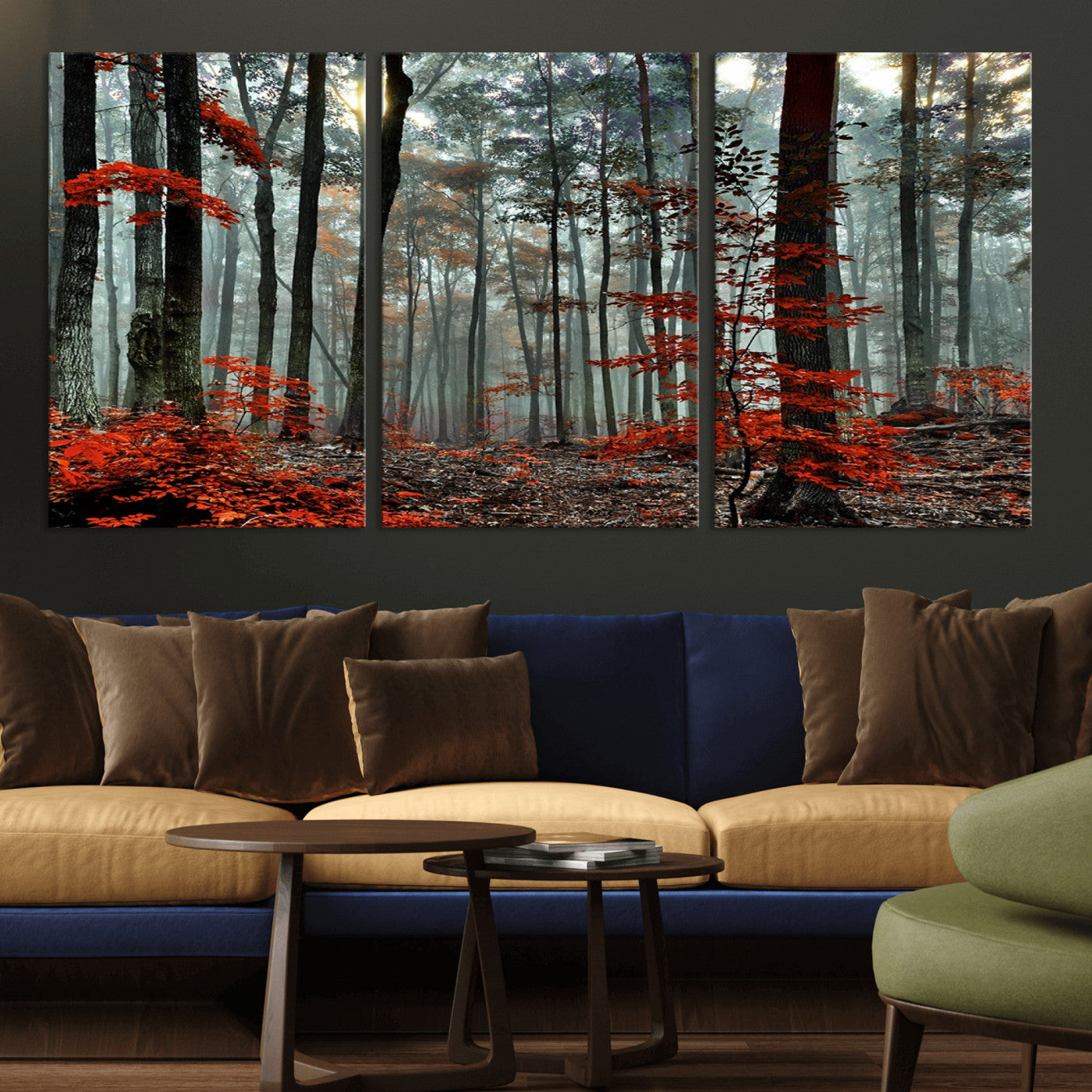 MGV-CV-60X30-3P - Autumn Forest Canvas Wall Art – Enchanting Red Leaves Triptych Print – Nature-Inspired Decor for