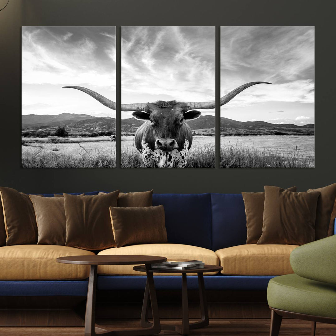 Modern living room featuring Longhorn Cow Wall Art Canvas Print.