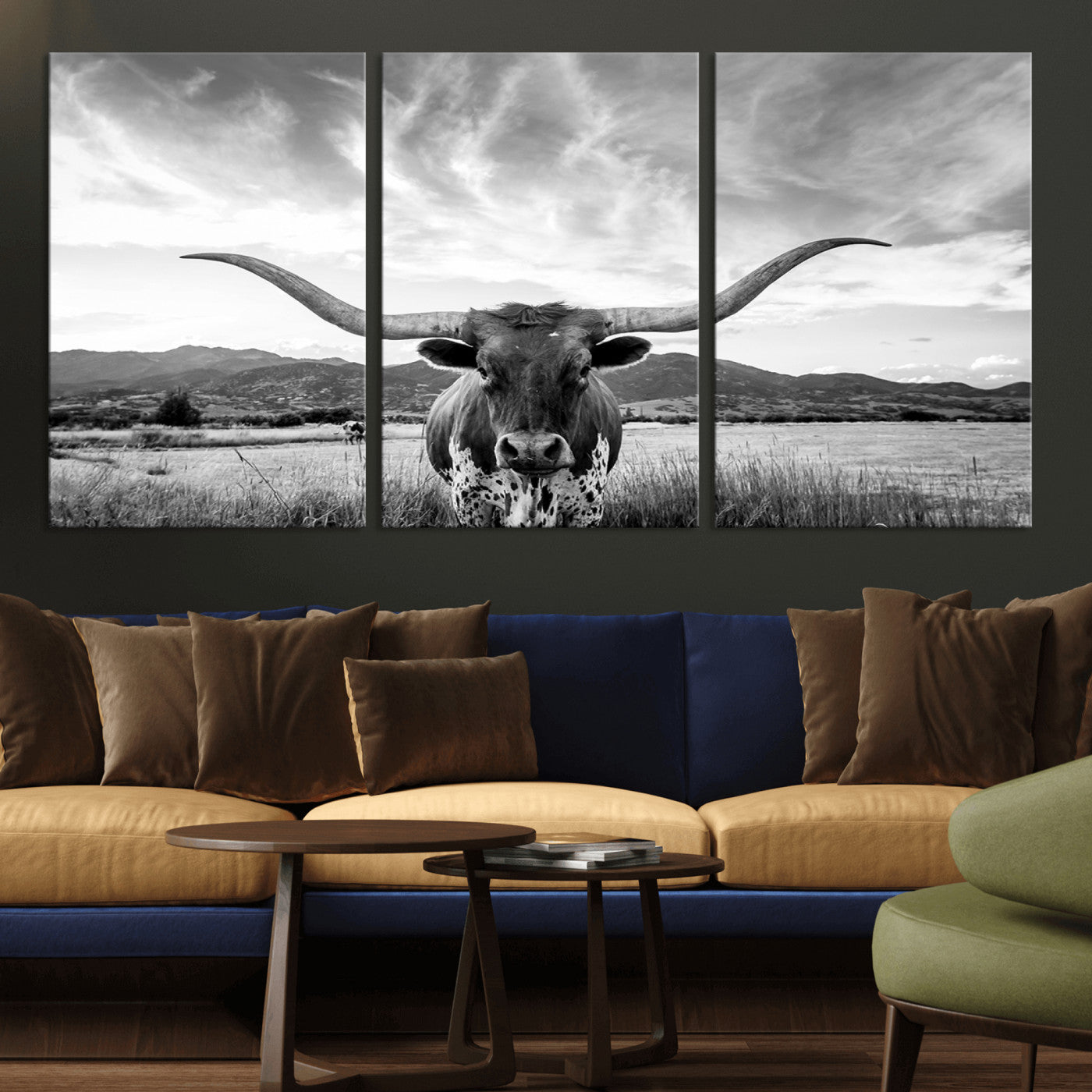 MGV-CV-60X30-3P - Longhorn Cow Wall Art Canvas Print Farmhouse Wall Art - Texas Longhorn Wall Art Print
