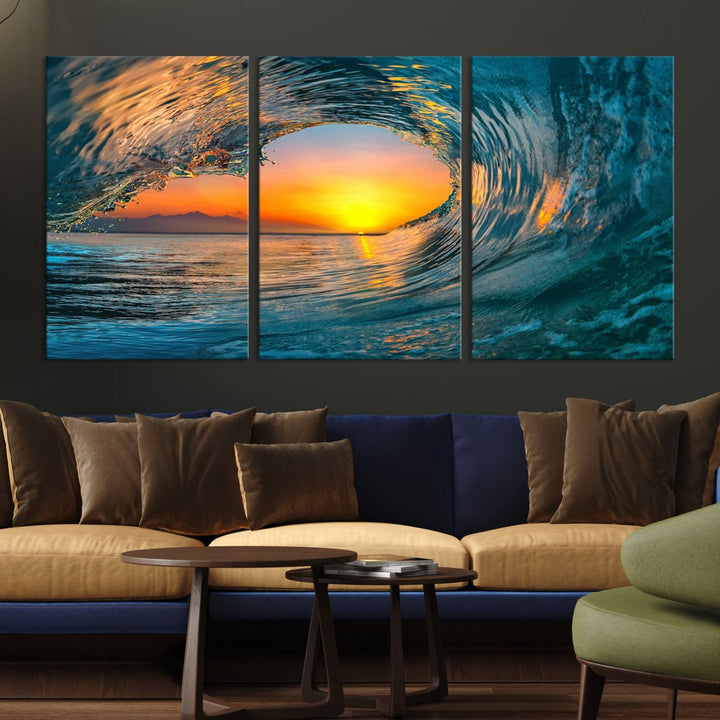 The Ocean Wave Sunset Wall Art canvas print features a vibrant ocean wave at sunset, forming a tunnel with silhouetted mountains.