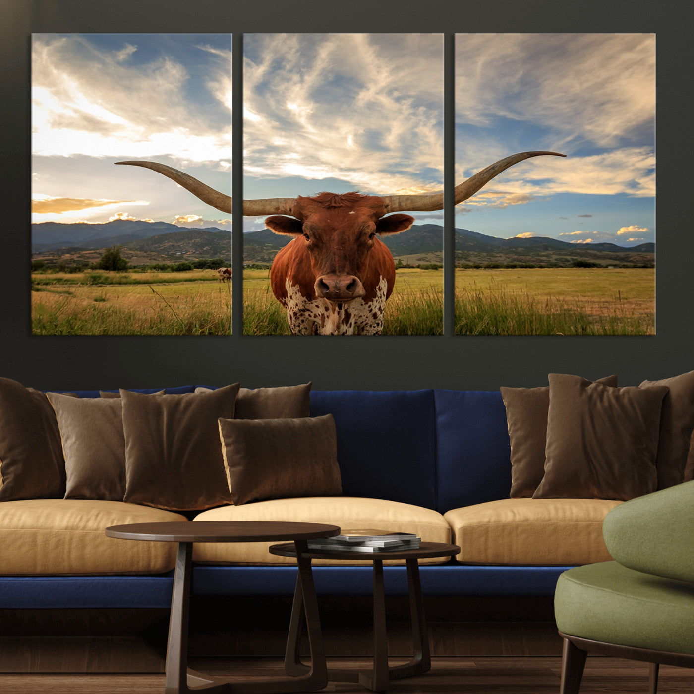 MGV-CV-60X30-3P - Texas Longhorn Canvas Wall Art – Majestic Triptych Animal Print – Rustic Western Decor for Living