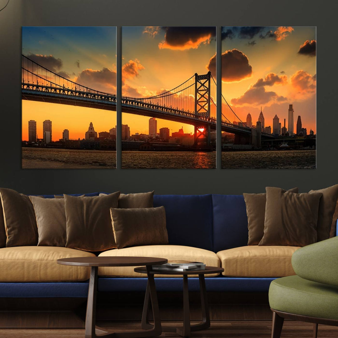 The Philadelphia Ben Franklin Bridge Wall Art Canvas Print radiates charm, embodying the beauty of premium canvas. This handmade-in-the-USA artwork captures attention with its distinct presence.