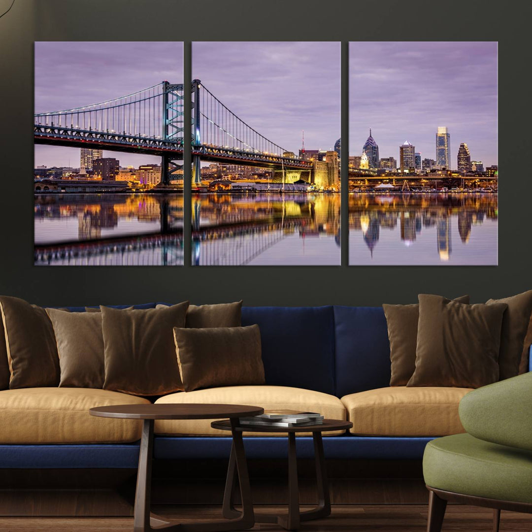 A woman holds the Philadelphia Ben Franklin Bridge Wall Art Canvas Print, a gallery-quality photo showcasing a city skyline with the bridge reflecting on the river. This stunning piece would make an excellent addition as premium canvas wall art for any home.