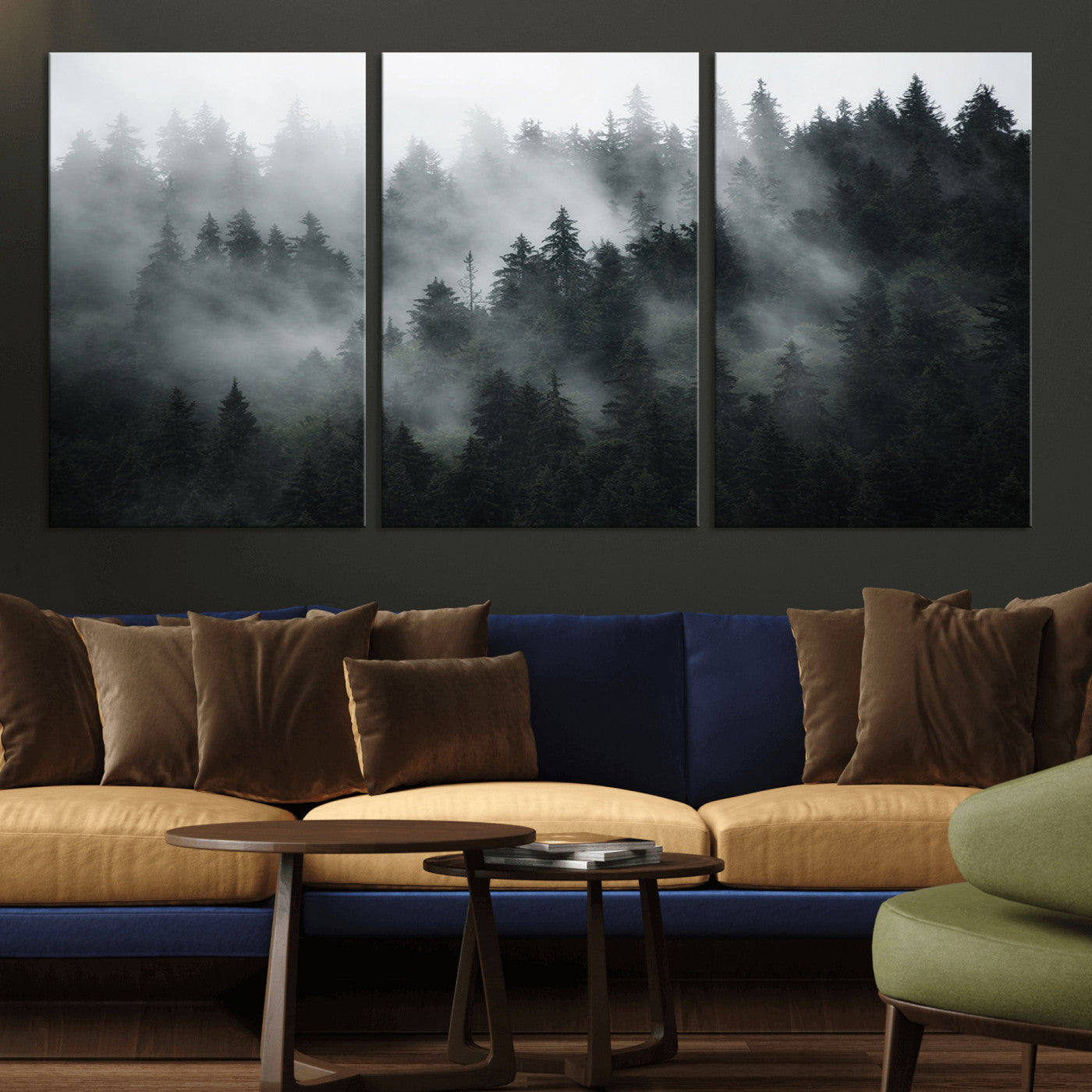 52359-MGV-CV-36X24-Foggy Forest Wall Art Canvas Print | 3 Panel Large Misty Landscape for Dining Room, Office, or Living Room | Ready to Hang Nature Deco