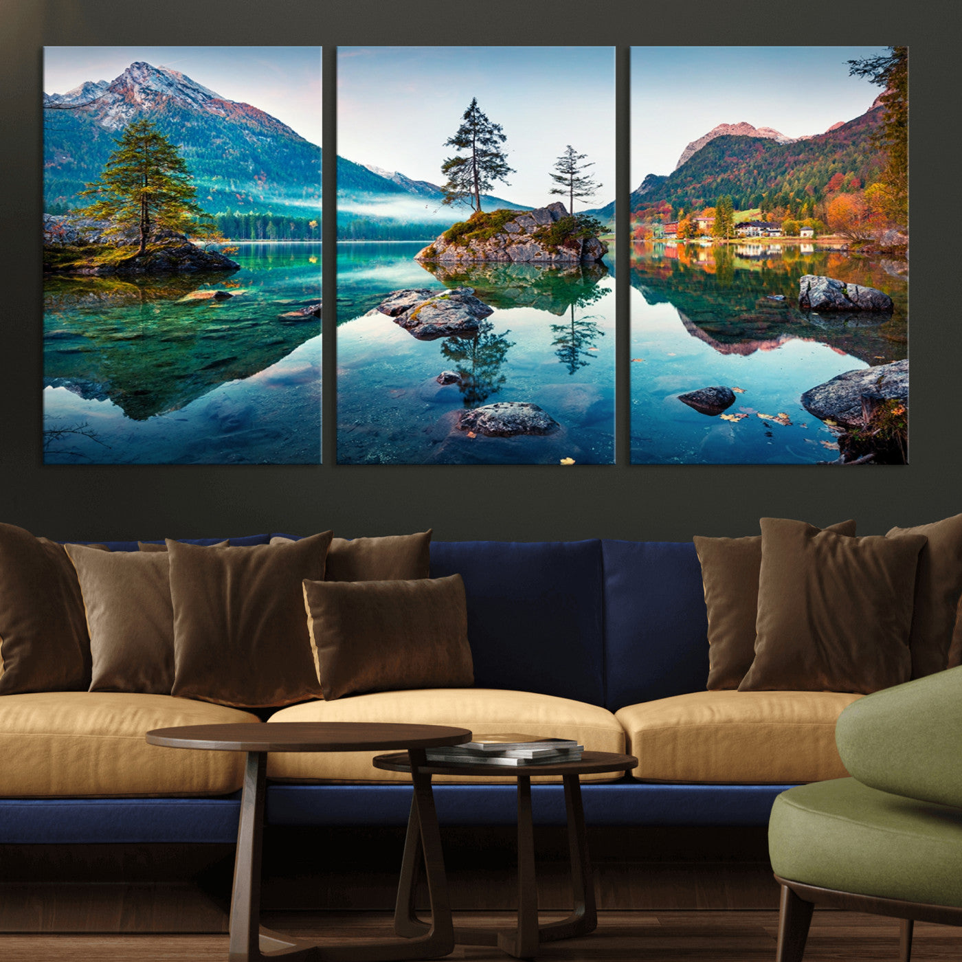 -Crystal Clear Lake Wall Art | Mountains Wall Art Canvas | 3 Panel Large Landscape Print for Dining