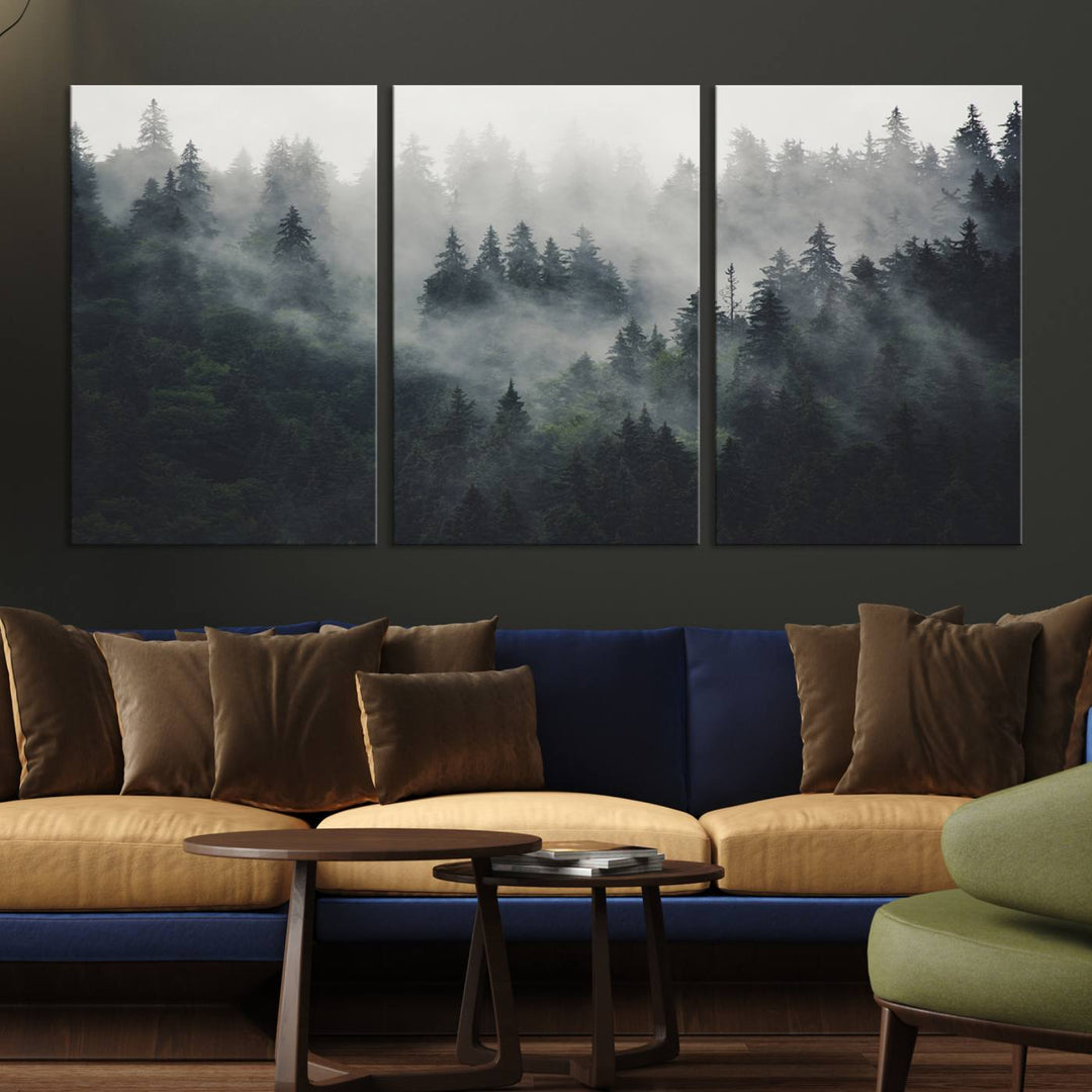 The Serene Triptych Print features tall evergreens, creating a mysterious and calming atmosphere.