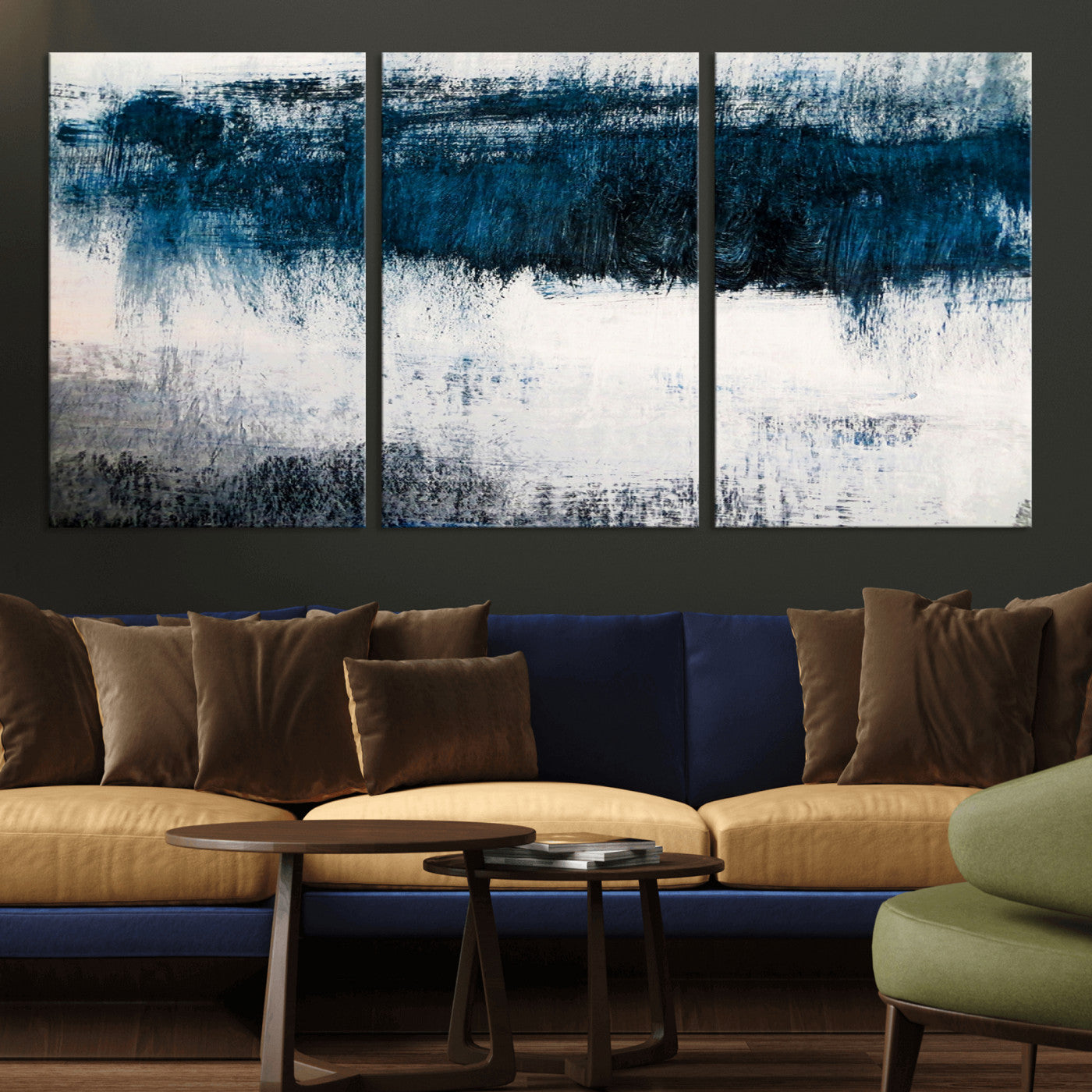 38954-MGV-CV-36X24-Abstract Blue and White Canvas Art | Large Wall Art for Modern Living Room Decor | Minimalist Brushstroke Painting on Canvas
