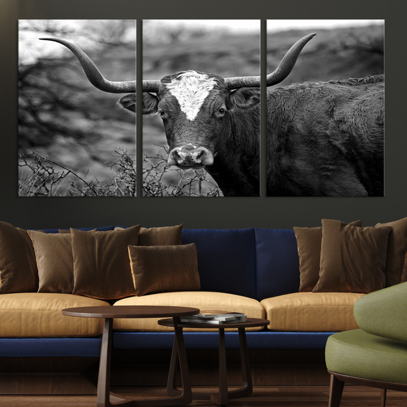 76200-MGV-CV-36X24-Western Home Wall Art Canvas Print, Framed Texas Longhorn Art Picture Print, Rustic Cow Perfect Rustic Farmhouse Decor Artwork