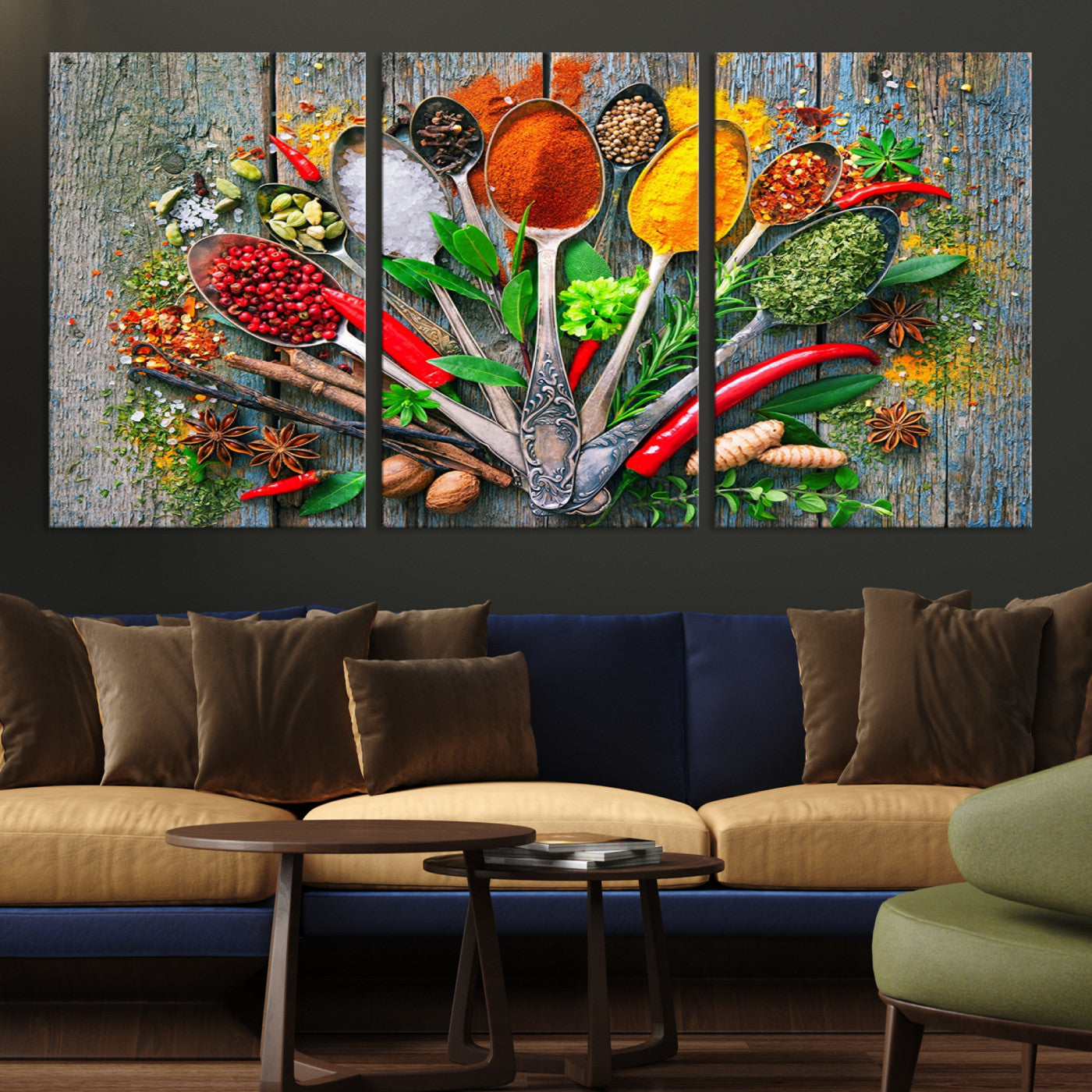 20619-MGV-CV-36X24-Spoonful of Spices Cooking Wall Art Canvas Print - Vibrant Kitchen Decor Triptych – Culinary Art Print for Dining Room or Kitchen – Ready to