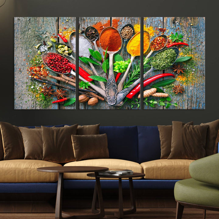 Vibrant Spoonful of Spices kitchen wall art canvas, a culinary triptych ideal for any dining room decor.