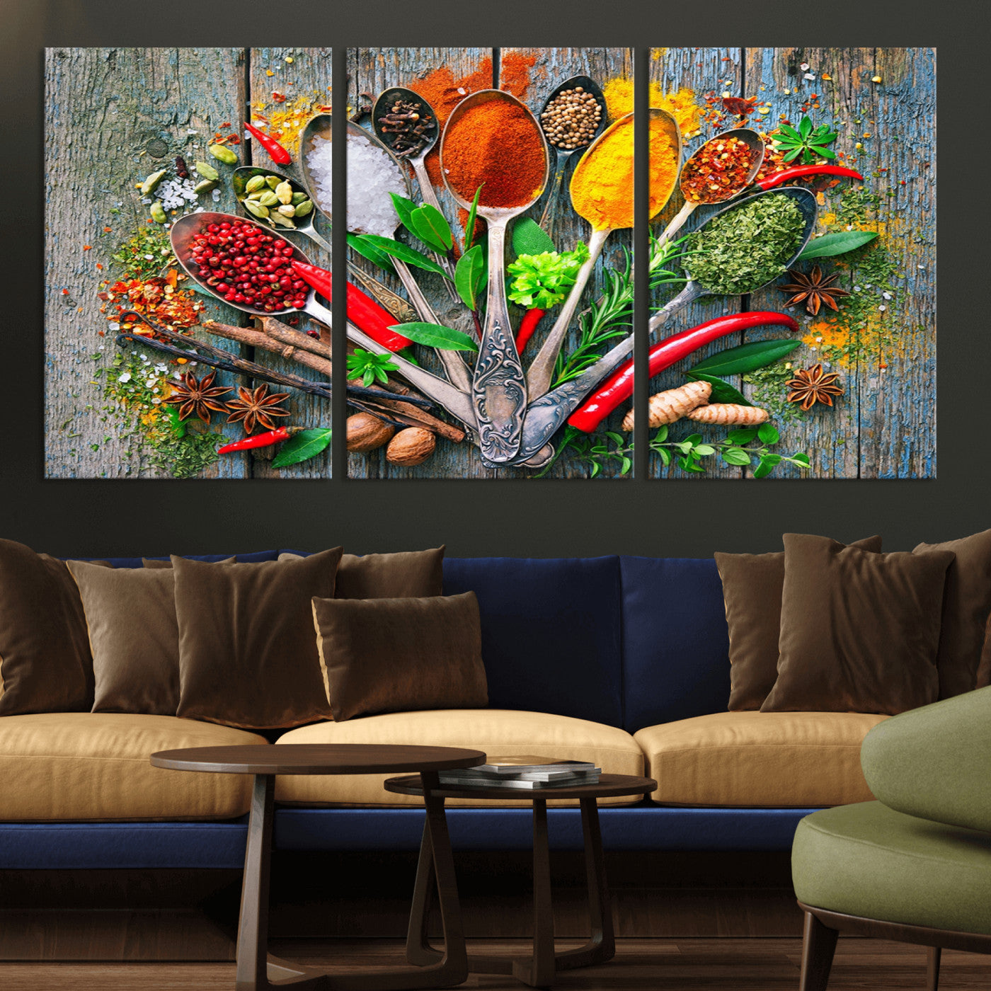 MGV-CV-60X30-3P - Kitchen Wall Art Print - Spoonful of Spices Cooking Wall Art Canvas Print - Vibrant Kitchen Decor