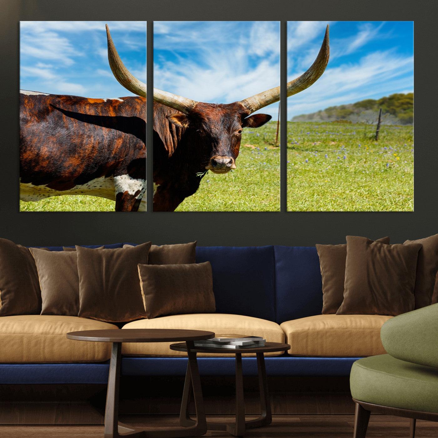 47037-MGV-CV-36X24-Longhorn and Cow Wall Art, Country Cow Wall Decor Canvas Print