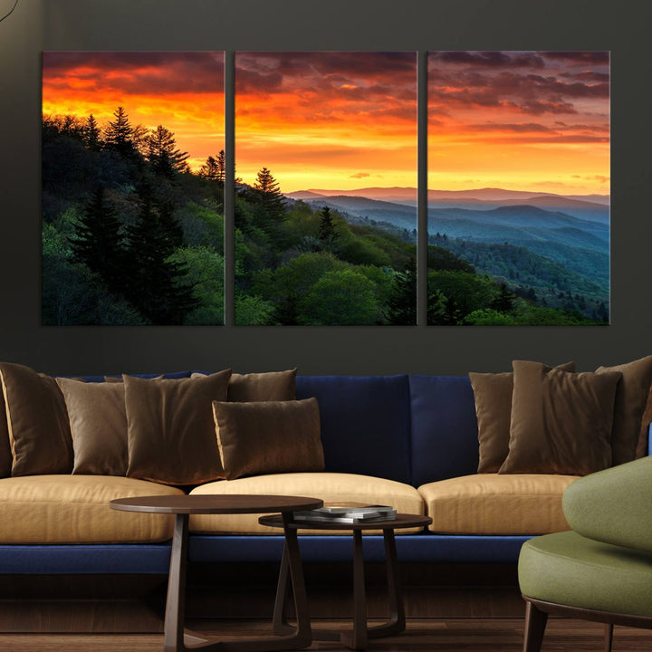 The Great Smoky Mountains Sunset Wall Art, a 3-panel print, beautifully captures natures beauty and is perfect for living room or office decor.