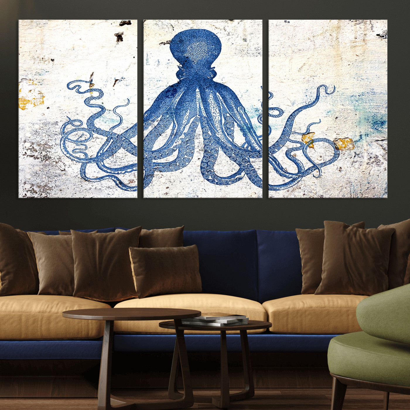 MGV-CV-60X30-3P - Octopus Canvas Wall Art | Coastal Marine Life Artwork for Living Room, Bedroom, or Office |