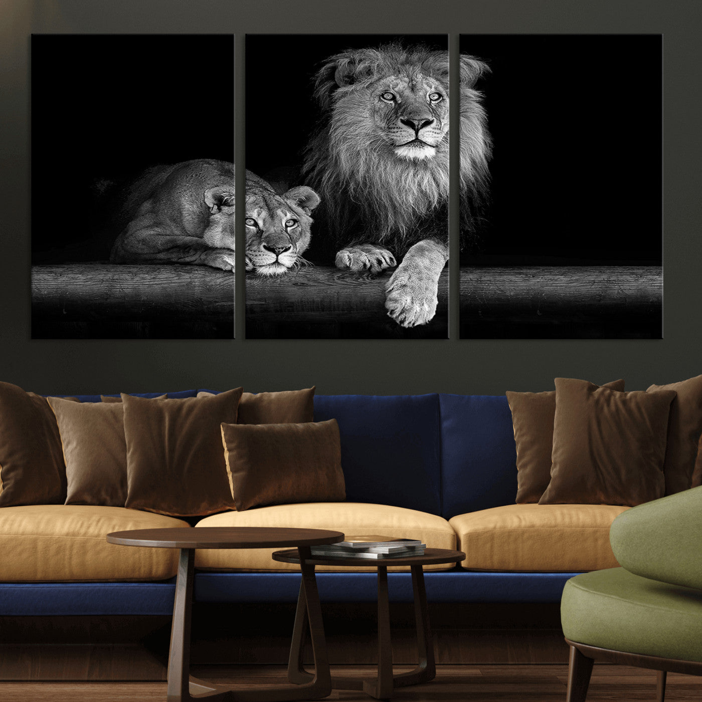 MGV-CV-60X30-3P - Large Black and White Lion Couple Wall Art Canvas Print