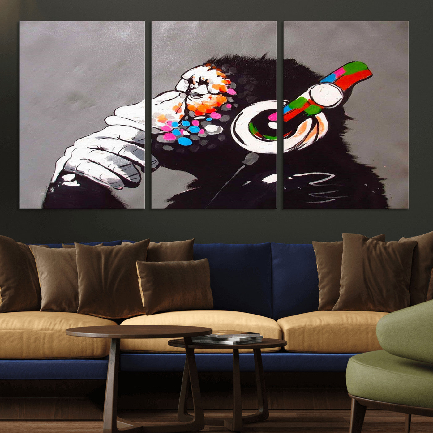 MGV-CV-60X30-3P - Dj Monkey Listening to Music Wall Art Print | Banksy Monkey Large Canvas Print for Living Room,