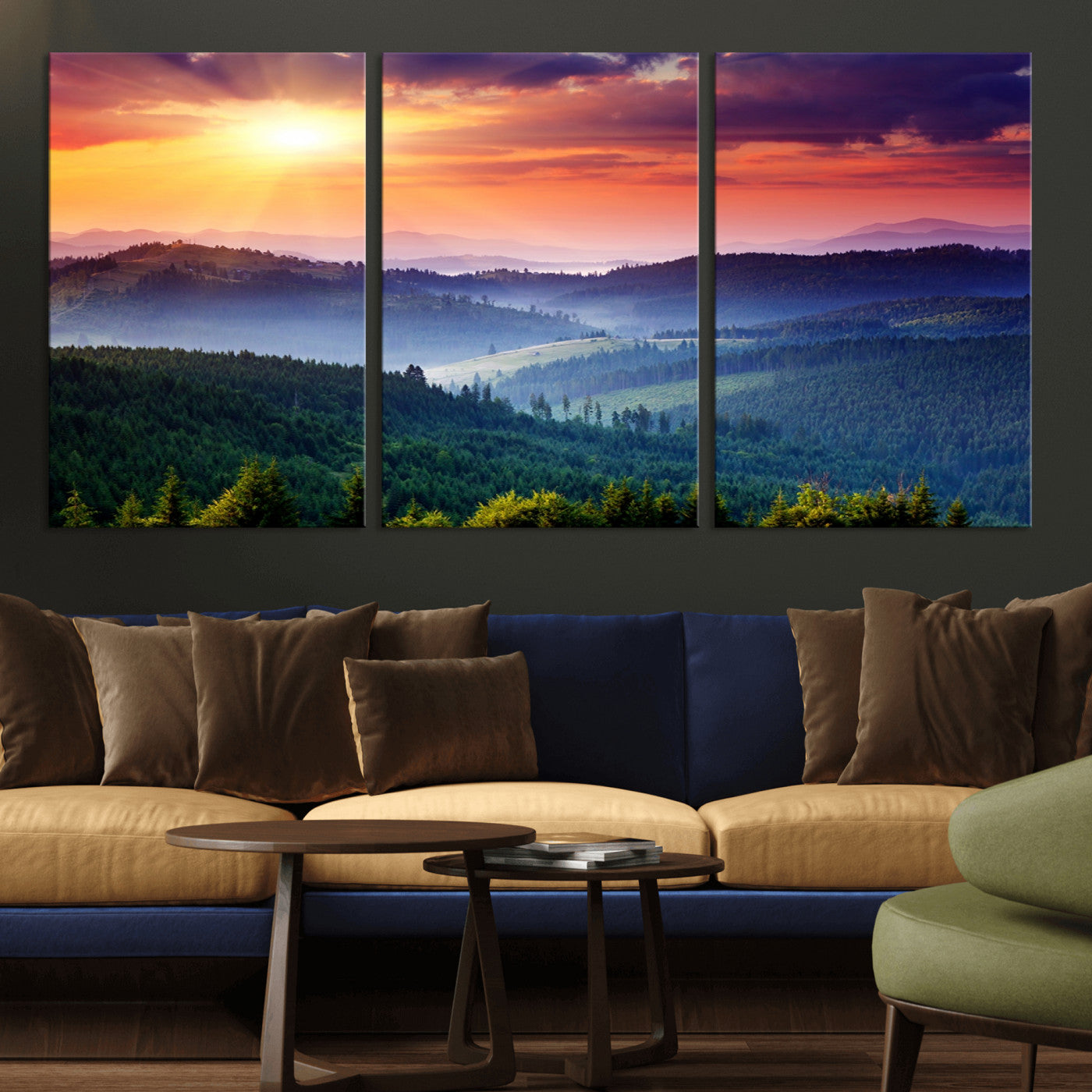MGV-CV-60X30-3P - Sunset over Mountain Canvas Print, Forest Canvas Wall Art – Triptych Nature Landscape for Living