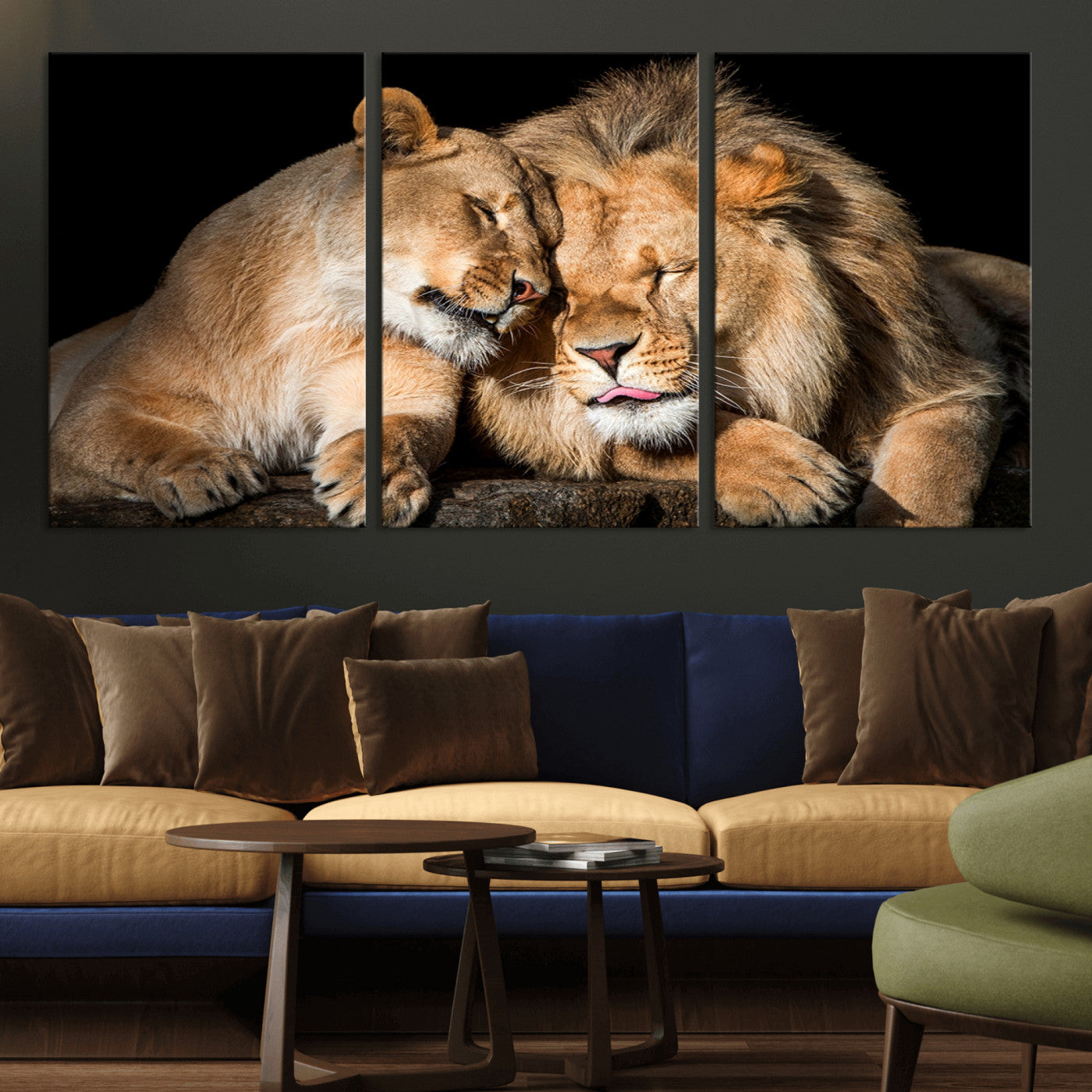 MGV-CV-60X30-3P - Lion and Lioness Wall Art Print Canvas | 3-Panel African Wildlife Canvas Print | Animal-Themed Art