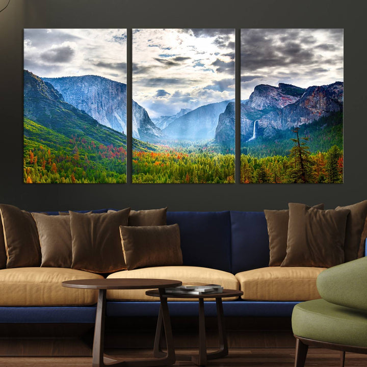 The Yosemite Park Half Dome 3 Panel Canvas Print beautifully captures the enchanting beauty of national parks with its vibrant mountain and forest scene. This large giclée landscape wall art is perfect for living rooms, offices, or bedrooms and comes ready to hang.