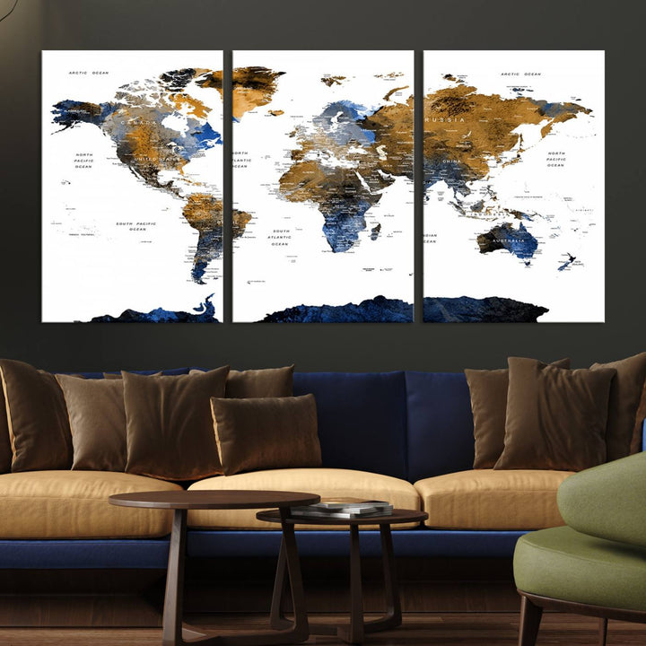 The Triptych Modern World Map Canvas in blue and brown is an ideal global decor piece for enhancing living rooms or offices. It comes ready to hang.