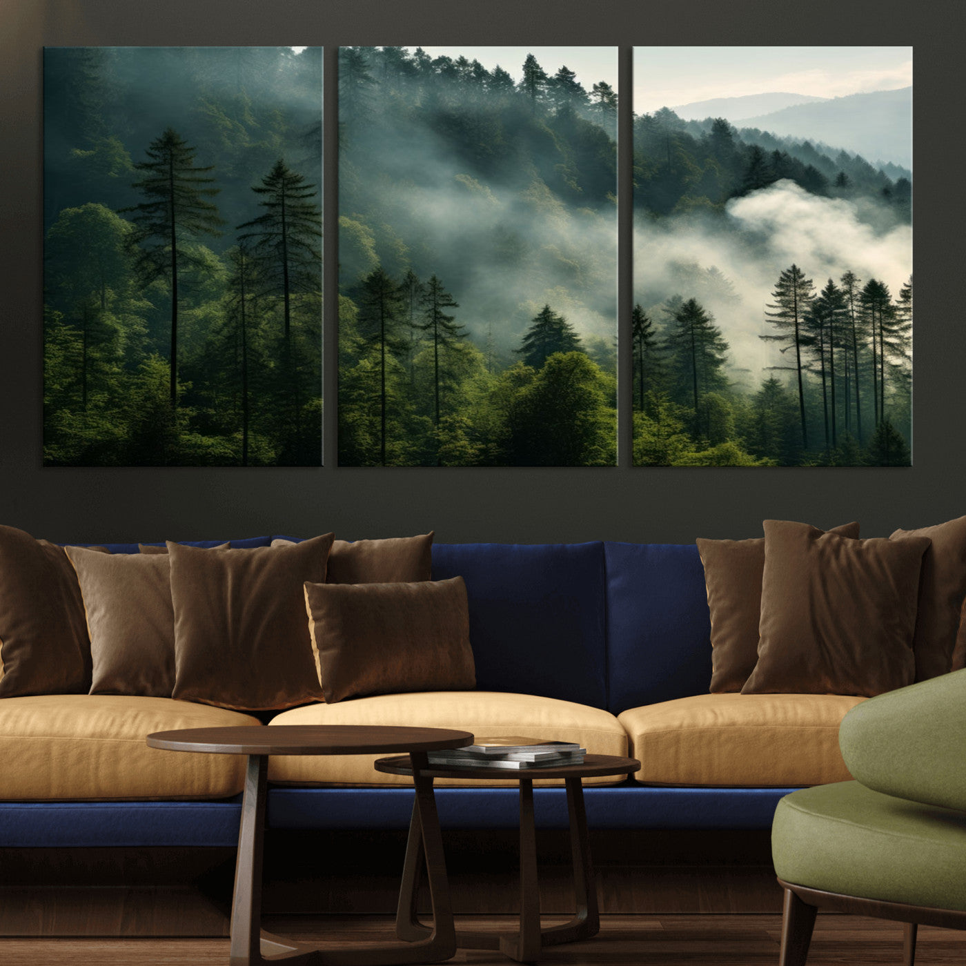 MGV-CV-60X30-3P - Misty Forest Wall Art Premium Canvas Print a Foggy and Serene Atmosphere