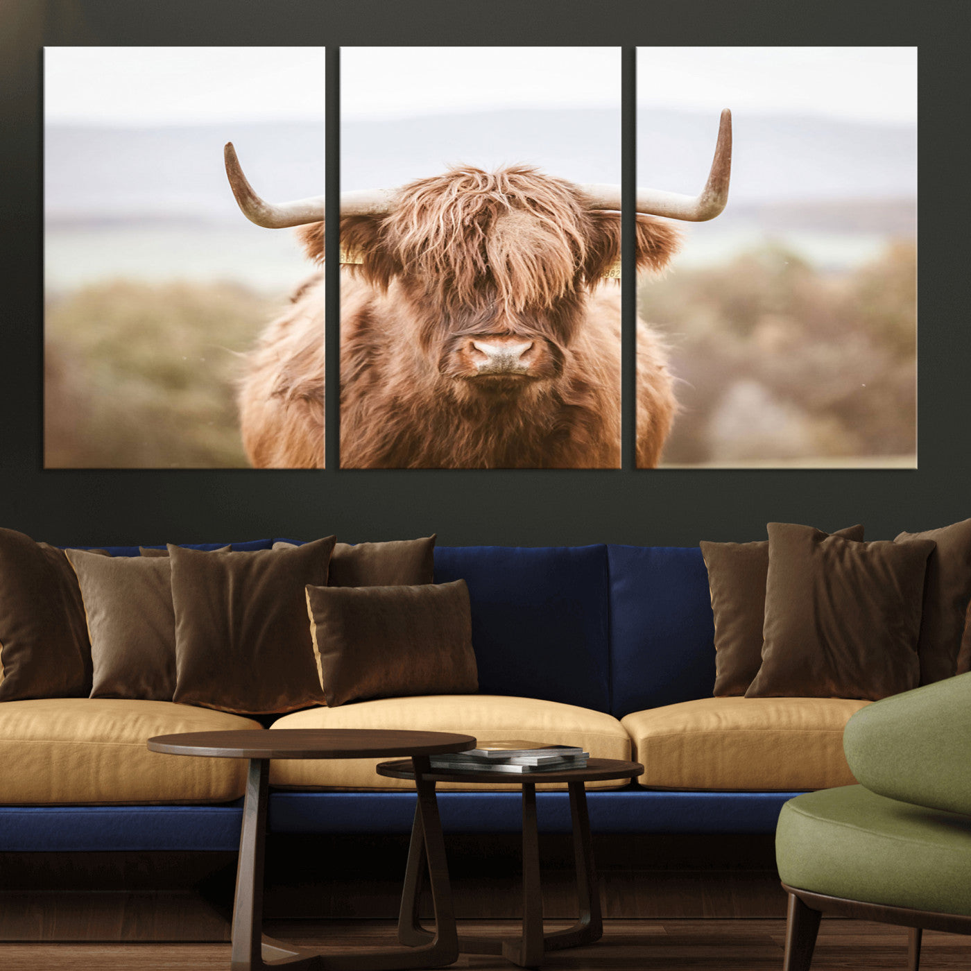 MGV-CV-60X30-3P - Scottish Serene Highland Cow Canvas Wall Art – Serene Highland Cow in Natural Pastel Tones – Ready