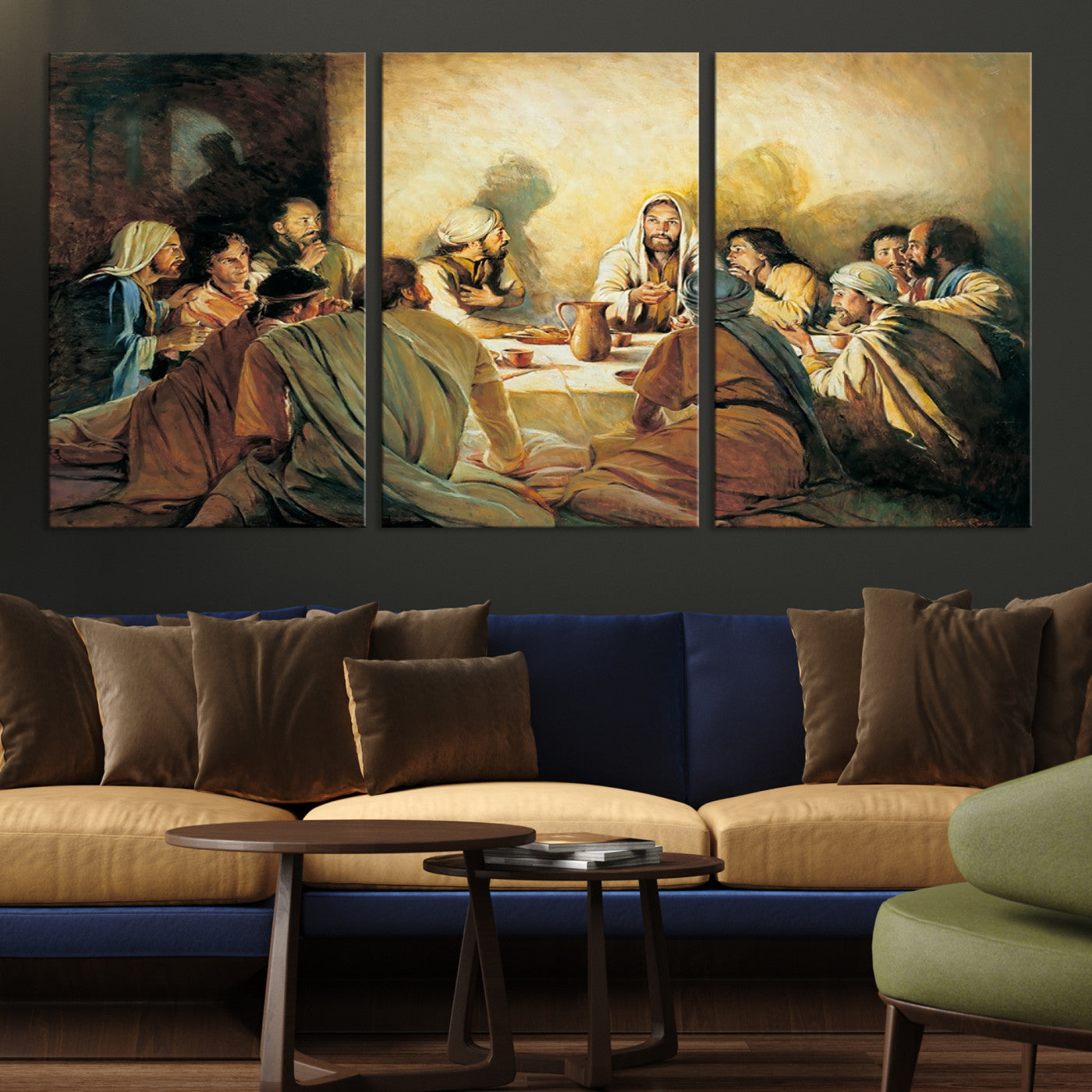 Framed canvas print of the Last Supper, depicting Jesus and his disciples, perfect for religious or Christian-themed home decor.