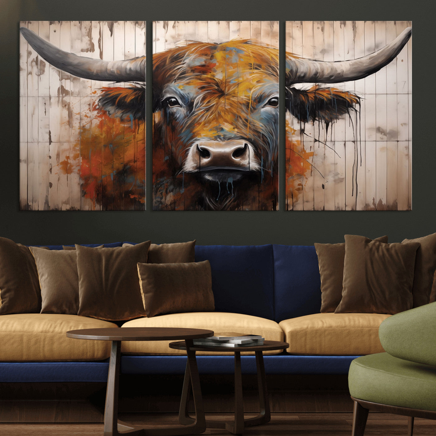 MGV-CV-60X30-3P - Scottish Highland Cow Cattle Art Print on Wood Style Background