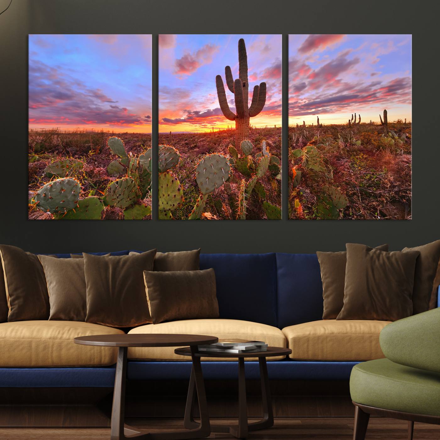 The Arizona Desert Sunset Wall Art Canvas Print hangs prominently.