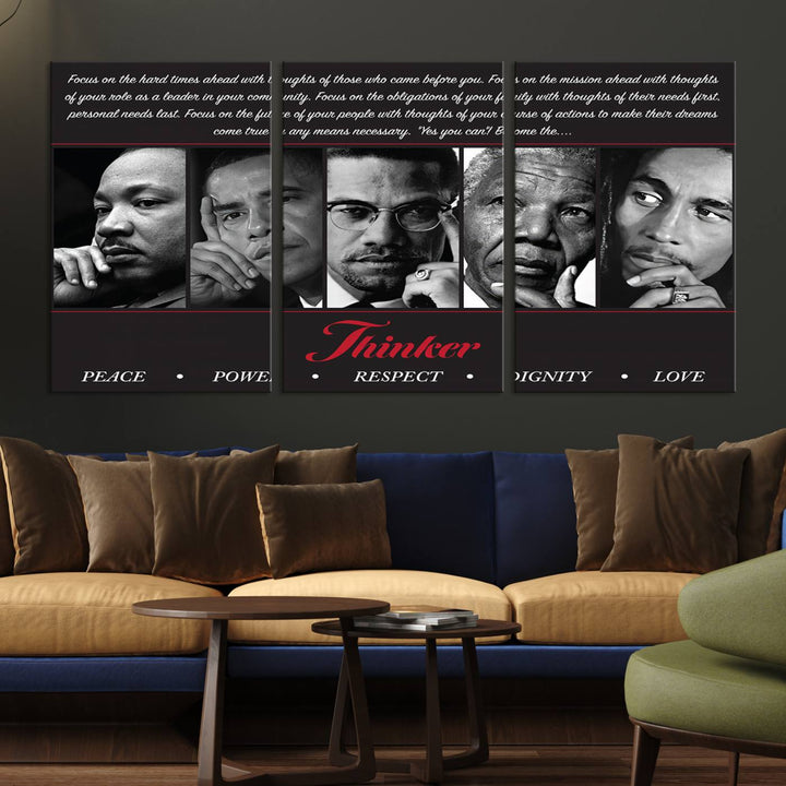 The Thinker Quintet Canvas Wall Art features portraits of Martin, Obama, Malcolm X, Mandela, and Marley, each representing virtues such as Peace and Power.