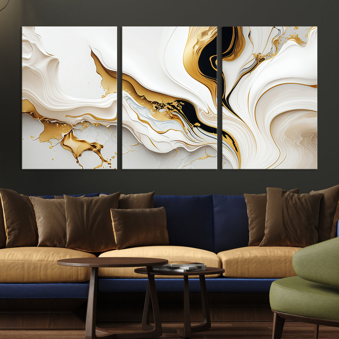 Modern interiors showcase Gold Waves on Pure White Canvas.