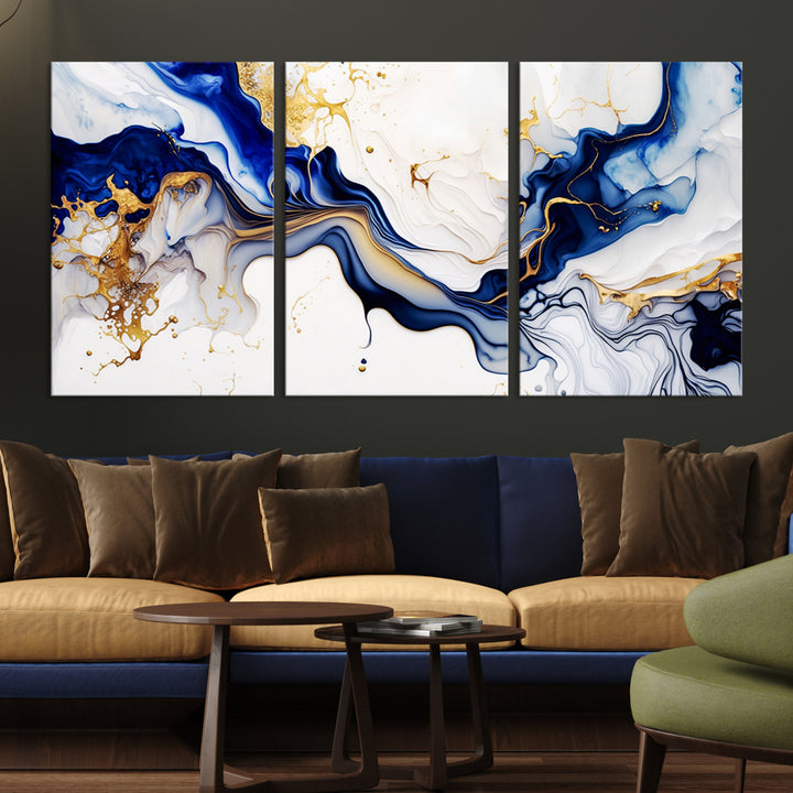 Golden Cascades on Midnight Blue wall art swirls above, featuring gold and white accents.