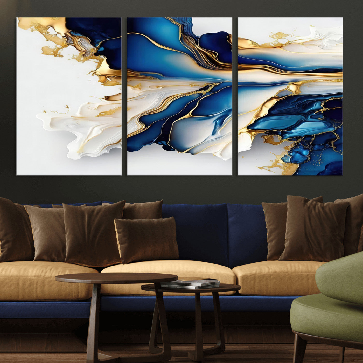 -Gold Marble Art - Abstract Geode Gold And Blue Marble Shape 3 Pieces Wall Art Canvas Print