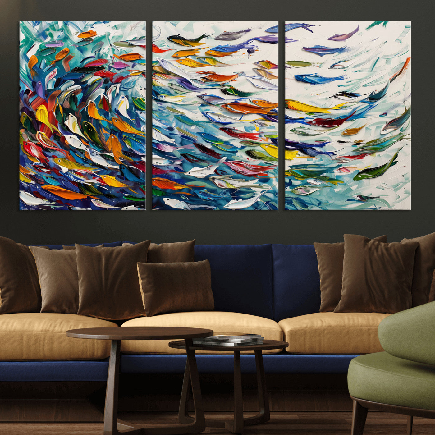 MGV-CV-60X30-3P - Modern Abstract Fish Shoal Wall Art Canvas Print, Colorful Fish Herd Painting on Canvas Print, Ocean