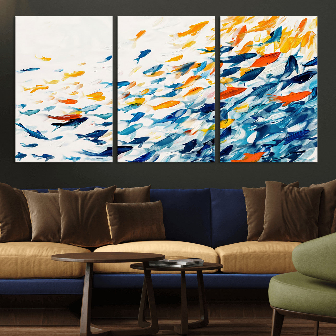 MGV-CV-60X30-3P - Abstract Fish Shoal Wall Art Canvas Print, Colorful Fish Herd Painting on Canvas Print, Ocean Animal
