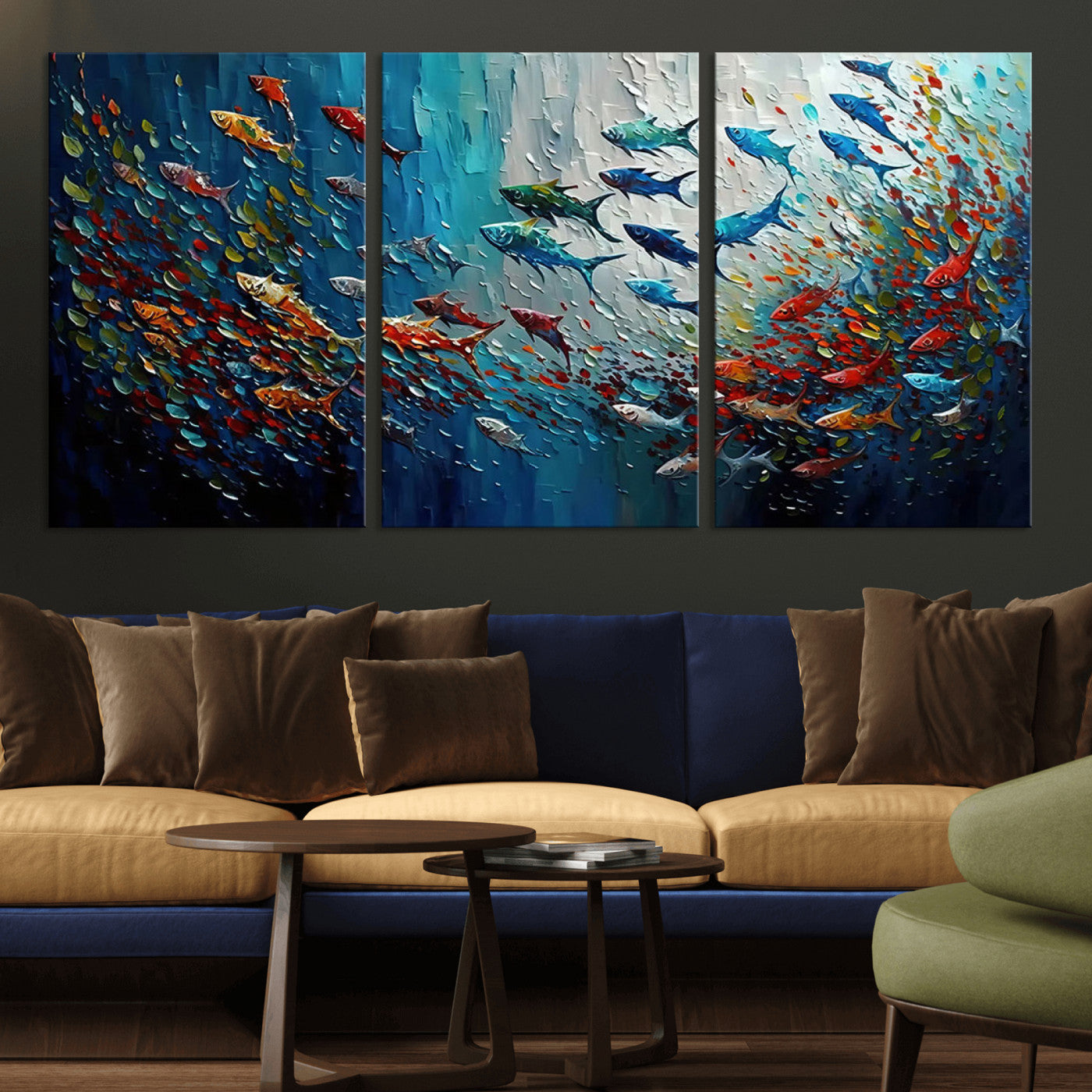 MGV-CV-60X30-3P - Modern Abstract Fish Shoal Wall Art Canvas Print, Colorful Fish Herd Painting on Canvas Print, Ocean