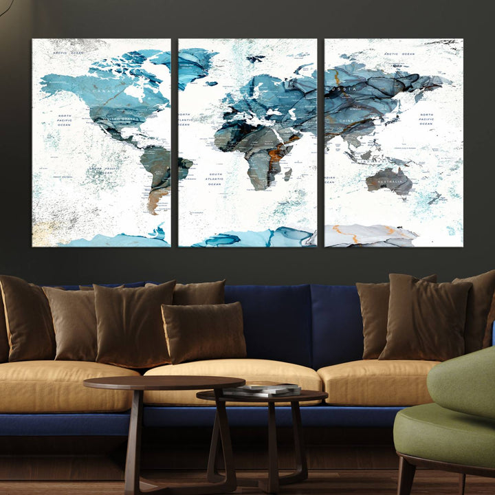 Push Pin World Map Wall Art Canvas Print adds a touch of elegance to the home decor.