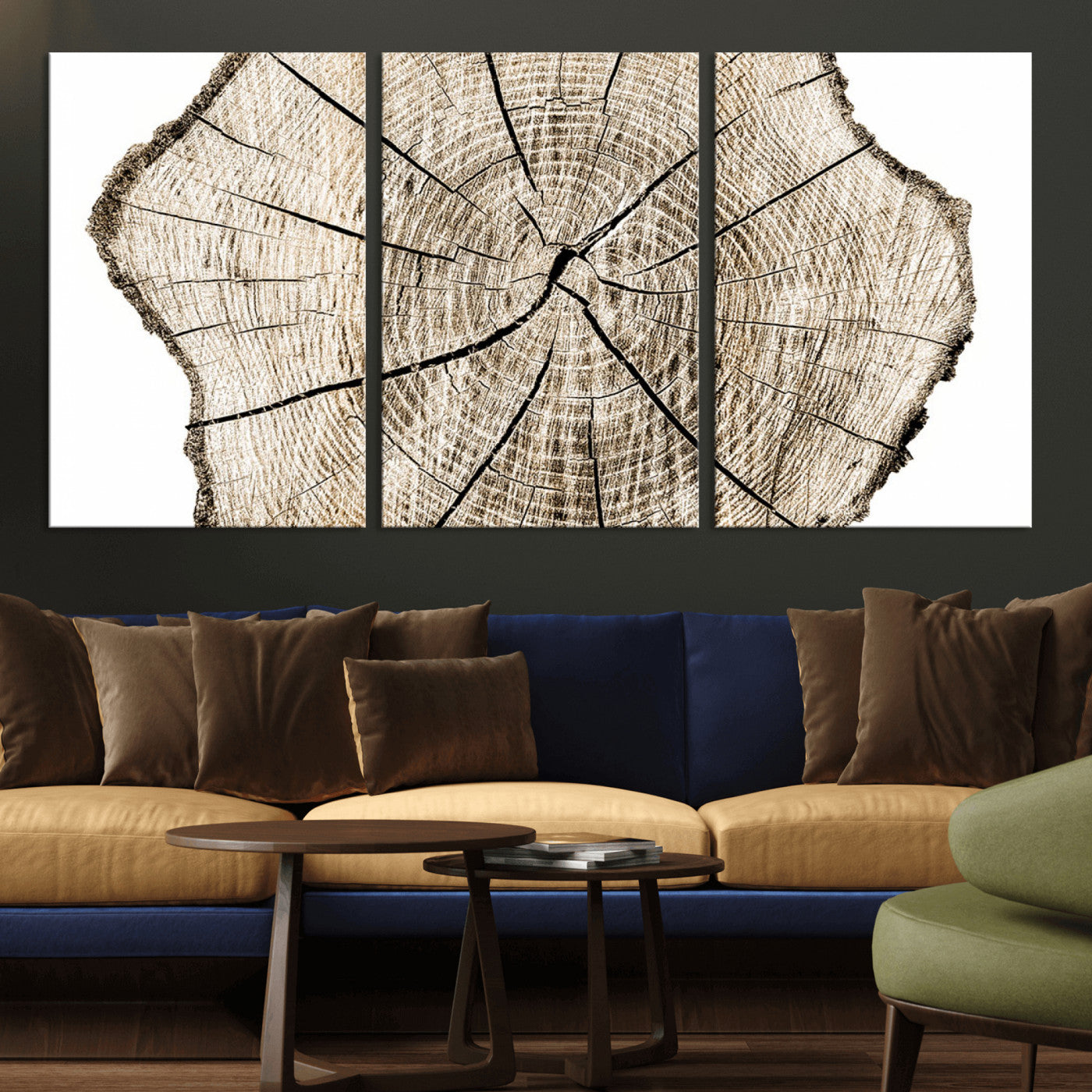 MGV-CV-60X30-3P - Abstract Wood Tree Ring Wall Art - Ready to Hang Minimalist Wooden Design for Rustic & Contemporary
