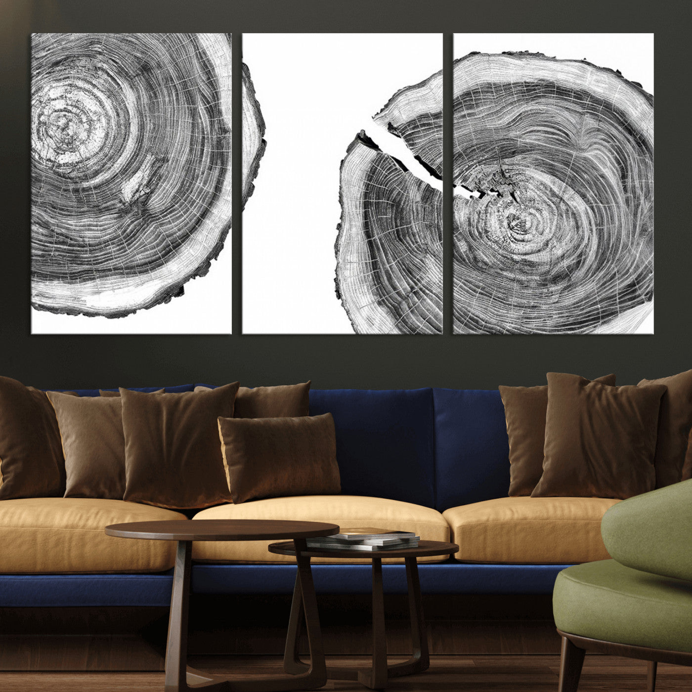 MGV-CV-60X30-3P - Modern Black and White Tree Rings Canvas Wall Art – Nature Inspired Wood Slice Print – Minimalist
